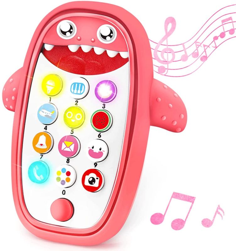 Photo 1 of 3 pack- Baby Shark Cell Phone Toy with Removable Teether Case, Light, Music & Adjustable Volume Kids Play & Learn 6-18 Months (Red)
