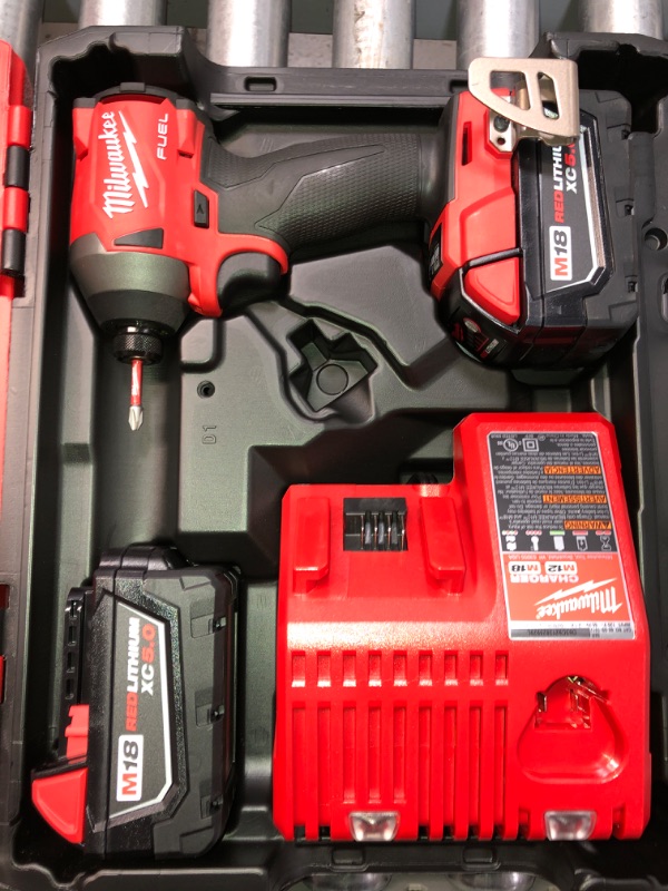 Photo 2 of Milwaukee M18 FUEL 18-Volt Lithium-Ion Brushless Cordless 1/4 in. Hex Impact Driver Kit with Two 5.0Ah Batteries Charger Hard Case