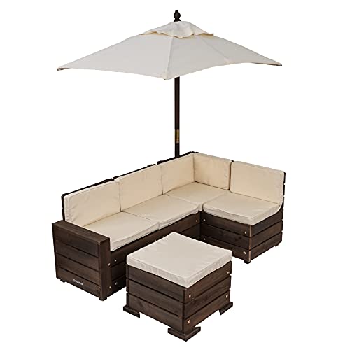 Photo 1 of **MINOR DAMAGE** MISSING HARDWARE** KidKraft Wooden Outdoor Sectional Ottoman & Umbrella Set with Cushions, Patio Furniture for Kids or Pets, Bear Brown & Beige
