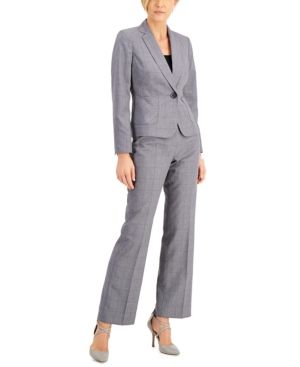 Photo 1 of Le Suit Petite Windowpane Pantsuit - Grey/peacock 14P
