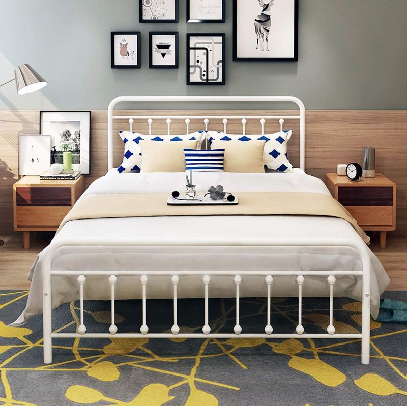 Photo 1 of ***INCOMPLETE, MISSING HARDWARE*** DUMEE White Queen Bed Frame with Headboard and Footboard Storage Metal Platform Bed Frame Queen Size No Box Spring Needed, Textured White
