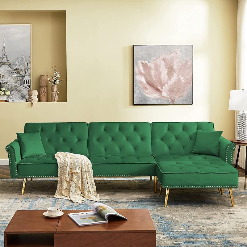 Photo 1 of ***INCOMPLETE SET*** RINIMEI Sleeper 2022 Modern Velvet Upholstered Reversible Sectional Futon Sofa Bed, L-Shaped Couch with Movable Ottoman and Nailhead Trim for Living Room, Green
