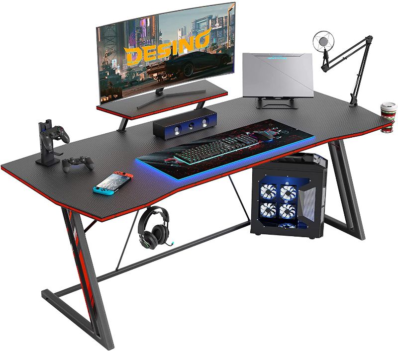 Photo 1 of ***INCOMPLETE, CRACKED*** DESINO Gaming Desk 55 inch PC Computer Desk, Home Office Desk Gaming Table Z Shaped Gamer Workstation with Cup Holder and Headphone Hook, Black
