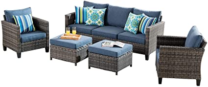 Photo 1 of **INCOMPLETE BOX 1 OF 2 **ovios Patio Furniture Set All Weather Outdoor Furniture Sectional Sofa High Back Wicker Rattan Sofa Couch for Yard Backyard Porch (5 PCS, Denim Blue)
