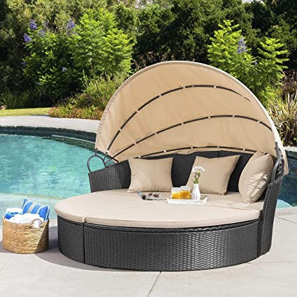 Photo 1 of **INCOMPLETE BOX 1 OF 3**Patio Furniture Outdoor Daybed with Retractable Canopy Rattan Wicker Furniture Sectional Seating with Washable Cushions for Patio Backyard Porch Pool Round Daybed Separated Seating (Beige)