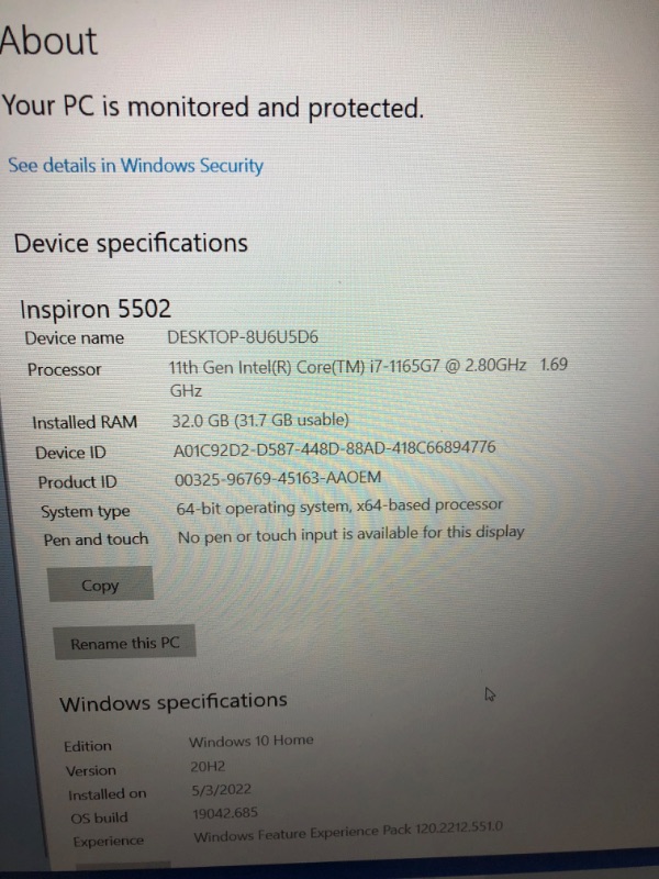 Photo 3 of Dell Inspiron 15 5000 Series 5502 - 15.6” FHD Non-Touch Display - Intel Core i7-1165G7 - 1TB SSD - 32GB DDR4 - Intel Iris xe Graphics
