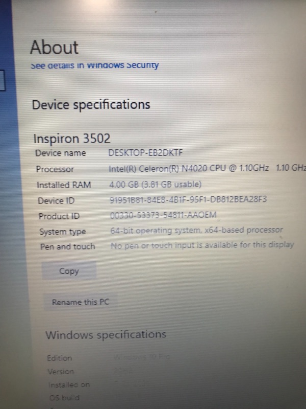 Photo 4 of Dell Inspiron 15 3502 Intel(R) Celeron(R) Processor N4020 Processor 128GB Solid State Drive 4GB, 1x4GB, DDR4 15.6-inch HD (1366 x 768) Anti-Glare LED-Backlit Non-Touch Narrow Border