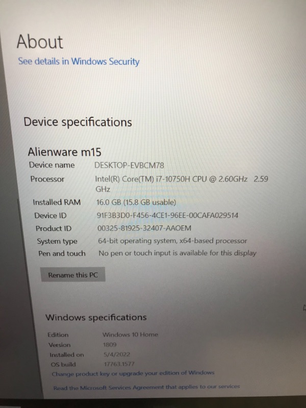 Photo 1 of Alienware m15 15.6 inch FHD Gaming Laptop (Lunar Light) Intel Core i7-10750H 10th Gen, 16GB DDR4 RAM, 1TB SSD, Nvidia Geforce RTX 2070 Super 8GB GDDR6, Windows 10 Home