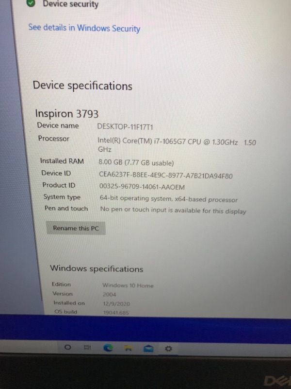 Photo 7 of Dell Inspiron 3793 17.3” Laptop FHD Intel Core i7-1065G7 - 512GB SSD - 8GB DDR4 - Integrated Intel Iris Plus Graphics