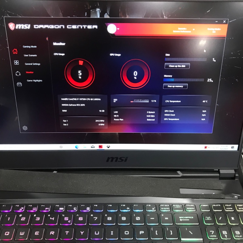 Photo 3 of MSI GL65 Leopard 10SFK-062 15.6" FHD 144Hz 3ms Thin Bezel Gaming Laptop Intel Core i7-10750H RTX2070 16GB 512GB NVMe SSD Win 10
