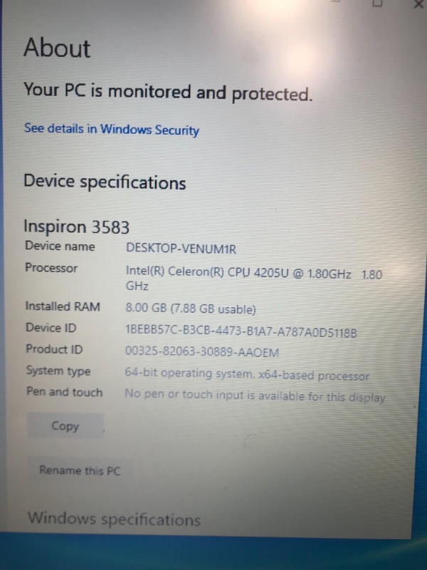 Photo 4 of Dell Inspiron 15 3000 Laptop, 15.6" HD Display, Intel N4205U Dual-Core Processor, 8GB RAM, 1TB HDD, Webcam, HDMI, Bluetooth, Wi-Fi, Black, Windows 10
