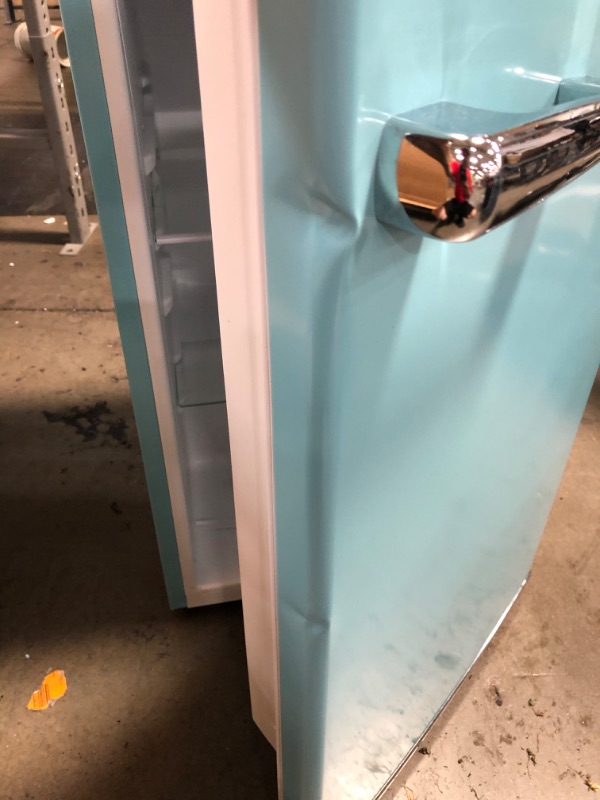 Photo 1 of (NOT FUNCTIONAL; BROKEN OFF MOTOR; DENTED) Galanz GLR33MBER10 Retro Compact Refrigerator, Single Door Fridge, Adjustable Mechanical Thermostat with Chiller, Blue, 3.3 Cu Ft
