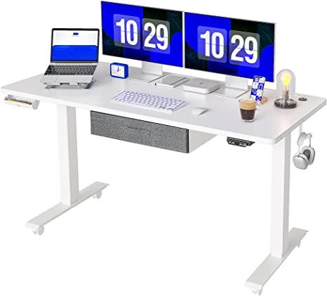 Photo 1 of (DAMAGED TABLE CORNER) FEZIBO Standing Desk with Drawer, Adjustable Height Electric Stand up Desk, 63 x 24 Inches Sit Stand Home Office Desk, Ergonomic Workstation White Steel Frame/White Tabletop
