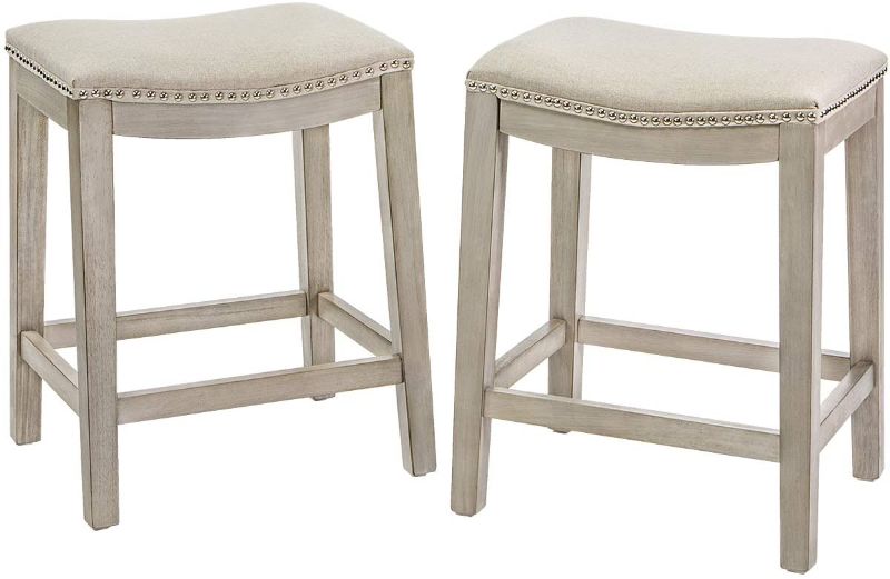 Photo 1 of Barton Premium Set of (2) Isabel Padded Counter Saddle Backless Indoor/Outdoor Bar Stool Nailhead (24" Height) Cushion Seat Footrest, Beige
