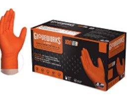 Photo 1 of GLOVEWORKS HD SIZE MEDIUM Orange Nitrile Disposable Gloves, 8 Mil, Latex and Powder Free, Industrial, Food Safe, Raised Diamond Texture
