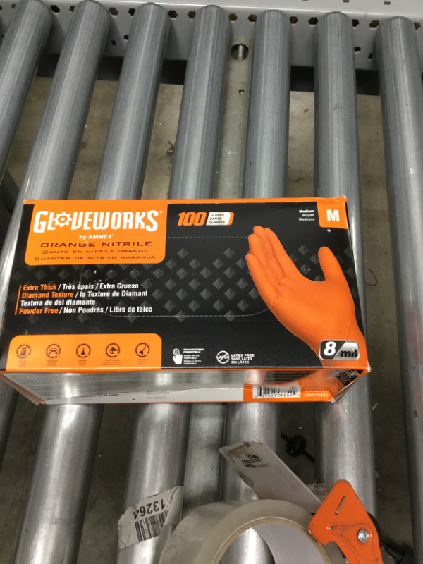 Photo 2 of GLOVEWORKS HD SIZE MEDIUM Orange Nitrile Disposable Gloves, 8 Mil, Latex and Powder Free, Industrial, Food Safe, Raised Diamond Texture
