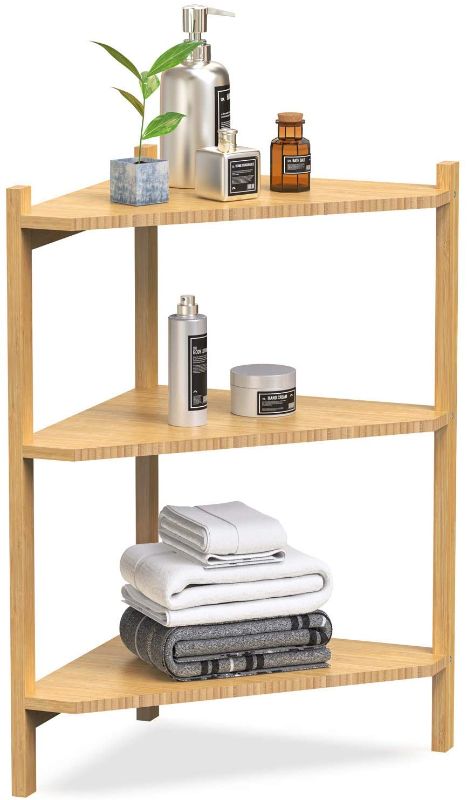 Photo 1 of 3 Tier Corner Shelf, Bamboo Shower Corner Shelves Free Standing Shelf Storage Organizer for Bathroom Living Room Kitchen
