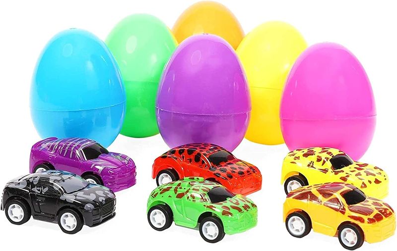 Photo 1 of Pre-Filled Easter Eggs with Mini Pull Back Toy Cars (2.5 In, 24 Pack)