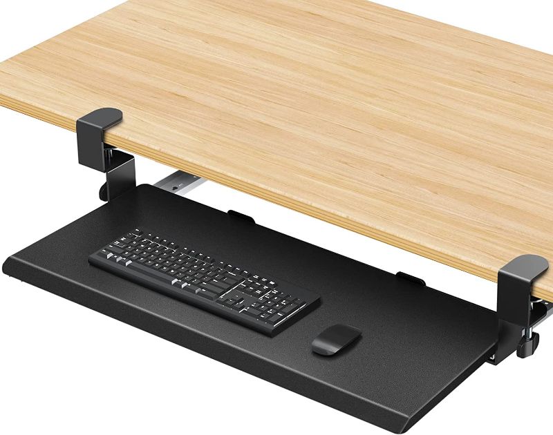 Photo 1 of WOKA Keyboard Tray Under Desk Ergonomic 26"x12" Keyboard Mouse Holder, Pull Out Sturdy C Clamp Mount System, Computer Keyboard Platform Tray Slide-Out Keyboard Drawer Shelf for Typing, Black
