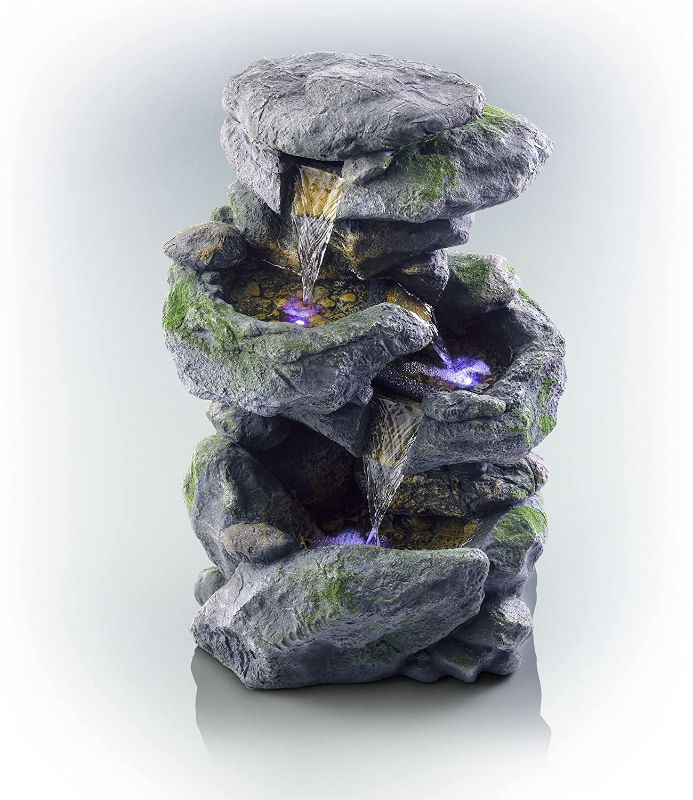 Photo 1 of ***PARTS ONLY*** Alpine Corporation WIN582 Tall Outdoor 3-Tier Rock Waterfall Fountain with LED Lights, 15"L x 13"W x 22"H, Gray/Beige
