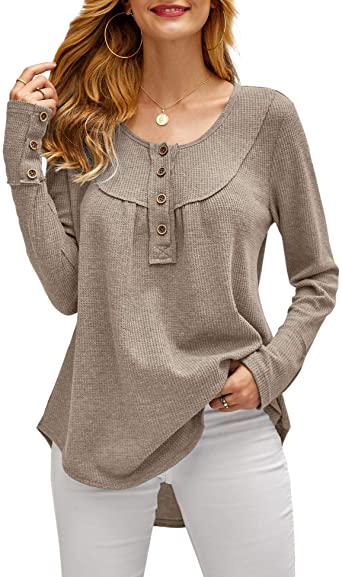 Photo 1 of imesrun Womens Waffle Knit Tops Long Sleeve Tunic Button Loose Blouse Casual Plain Shirts white xl
