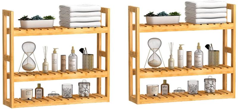 Photo 1 of Bathroom Wall Shelf - Over Toilet 3 Tier Storage Rack Adjustable Layer Multifunctional Utility Wall Mounted Towel Shelves Living Room Kitchen (Bamboo-Pack of 2)
