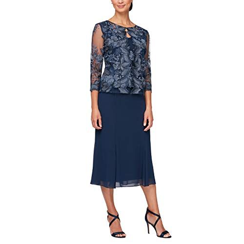 Photo 1 of Alex Evenings Women's Long and Tea Length Mock Lace Jacket Dress (Regular Petite), Navy, 6P