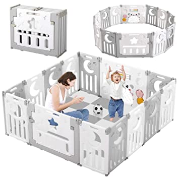 Photo 1 of Baby Playpen, Dripex Upgrade Foldable Kids Activity Centre Safety Play Yard Home Indoor Outdoor Baby Fence Play Pen NO Gaps with Gate for Baby Boys Girls Toddlers (Grey + White)
