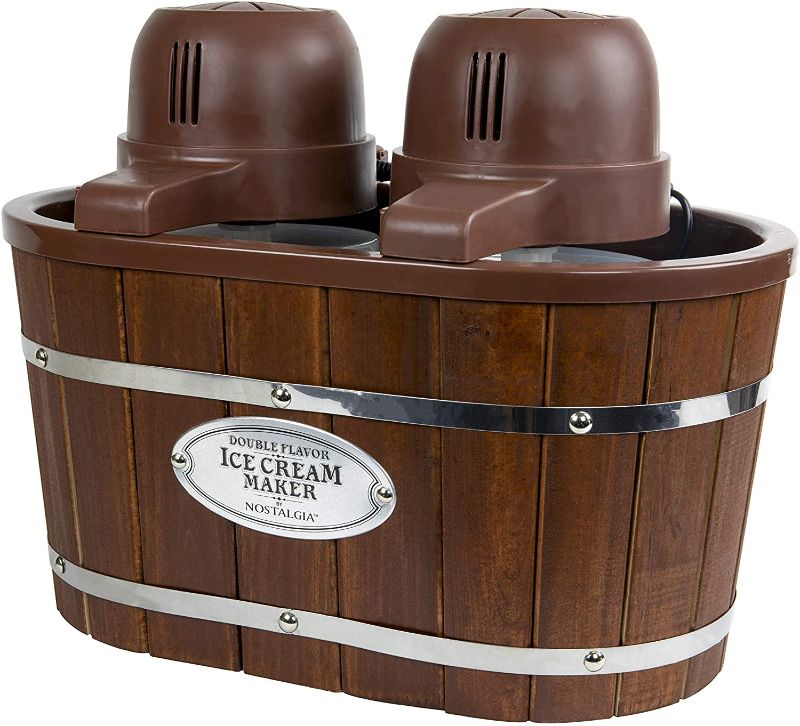 Photo 1 of Nostalgia Old Fashioned Electric Maker Makes 4-Quarts of Ice Cream, Frozen Yogurt or Gelato in Minutes, Made from Real Wood, Includes Two 2-Qt Canisters, Brown
