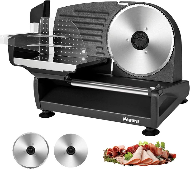 Photo 1 of Meat Slicer, MIDONE 200W Electric Deli Food Slicer with 2 Removable 7.5’’ Stainless Steel Blades and Food Carriage, Child Lock Protection, 0-15mm Adjustable Slicing Thickness
