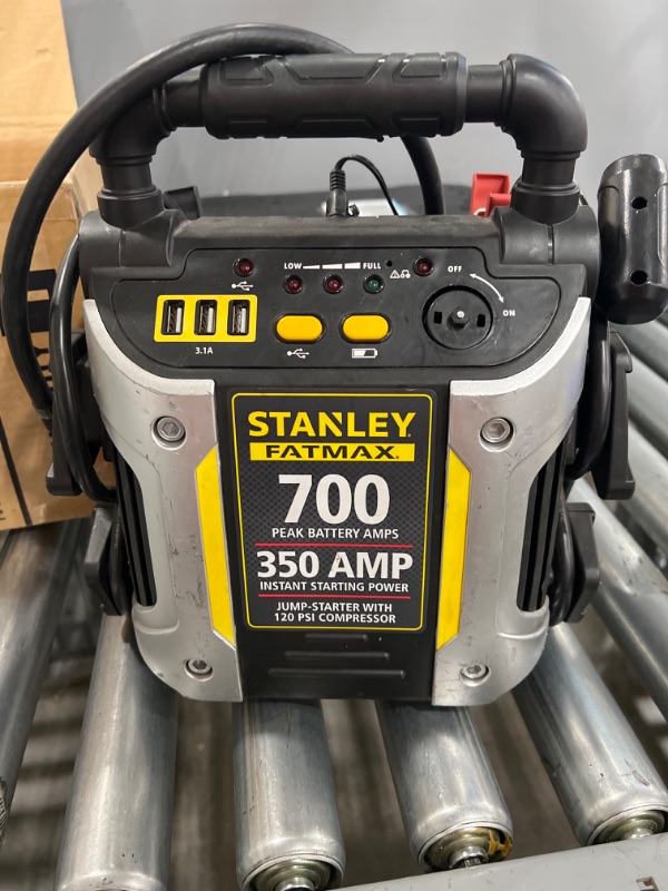 Photo 2 of STANLEY FATMAX J7CS Portable Power Station Jump Starter: 700 Peak/350 Instant Amps, 120 PSI Air Compressor, 3.1A USB Ports, Battery Clamps
