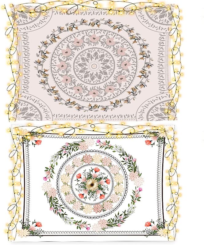 Photo 1 of Pack of 2 White Sketched Floral Medallion Tapestry, Bohemian Mandala Wall Hanging Tapestries, Indian Art Print Mural for Bedroom Living Room Dorm Home Décor