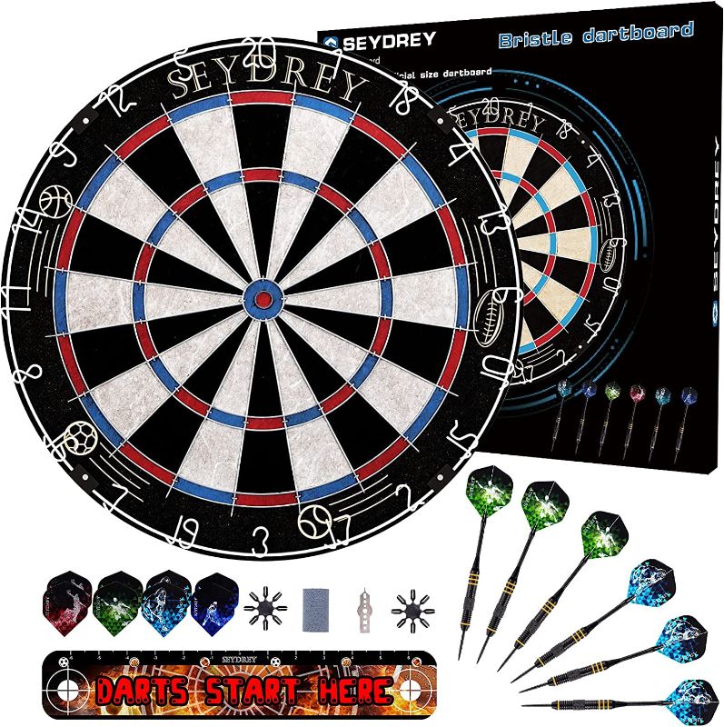 Photo 1 of 
Dartboard Set with Staple-Free Bullseye-Bristle Tournament Dart Board + 6 Steel Tip Darts + Darts Accessories
Style:X-blue