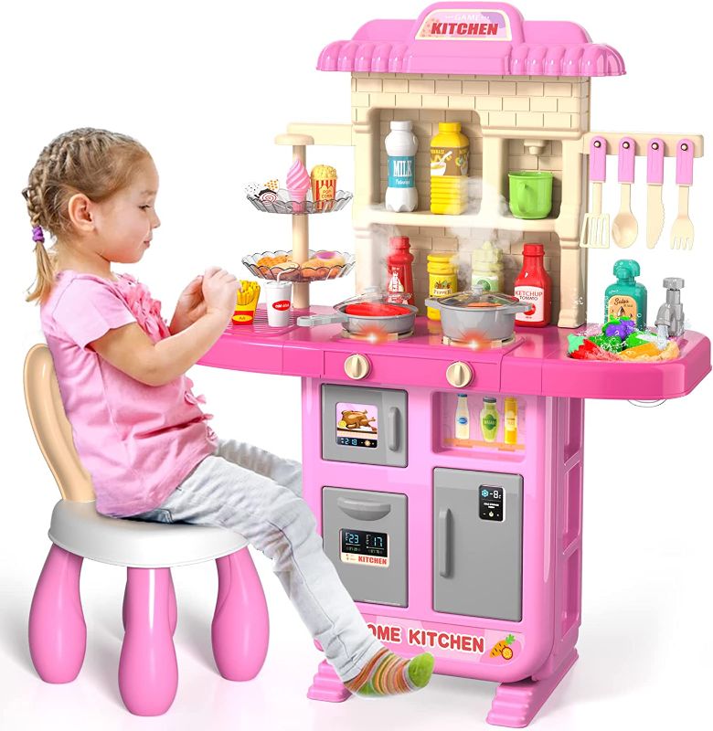 Photo 1 of Kids Play Kitchen Playset for Toddlers Girls, Toy Kitchen Sets Pretend Play Food Toy with Chair for Girls Kids Ages 3-8, Kitchen Accessories Set with Light Sound Spray, for Kids Girls Toddlers