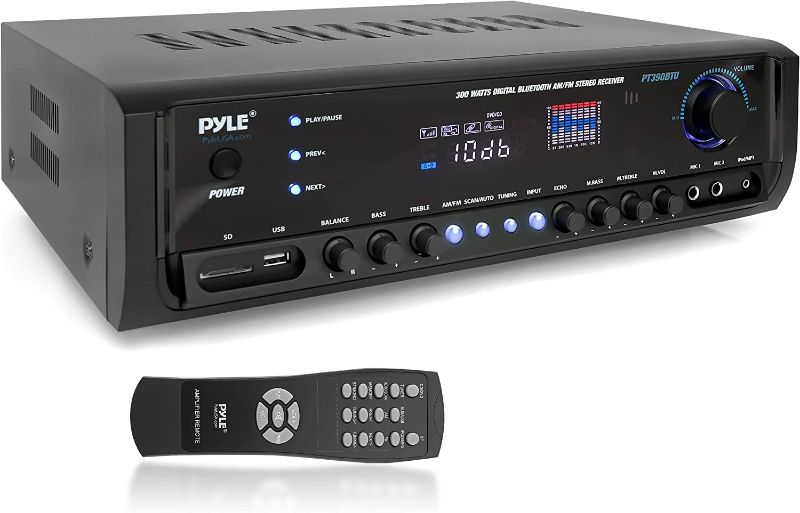 Photo 1 of Pyle Wireless Bluetooth Power Amplifier System 300W 4 Channel Home Theater Audio Stereo Sound Receiver Box Entertainment w/ USB, RCA, 3.5mm AUX, LED, Remote for Speaker, PA, Studio- PT390BTU,BLACK
