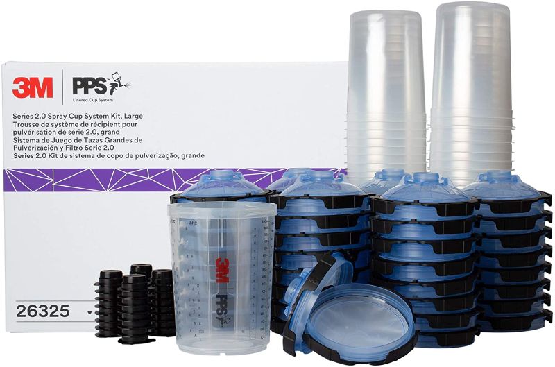 Photo 1 of 3M PPS 2.0 Spray Gun Cup, Lids and Liners Kit, 26325, Large, 28 Ounces, 125-Micron Filter, Use for Cars, Furniture, House and More, 1 Paint Cup, 50 Disposable Lids and Liners, 32 Sealing Plugs
