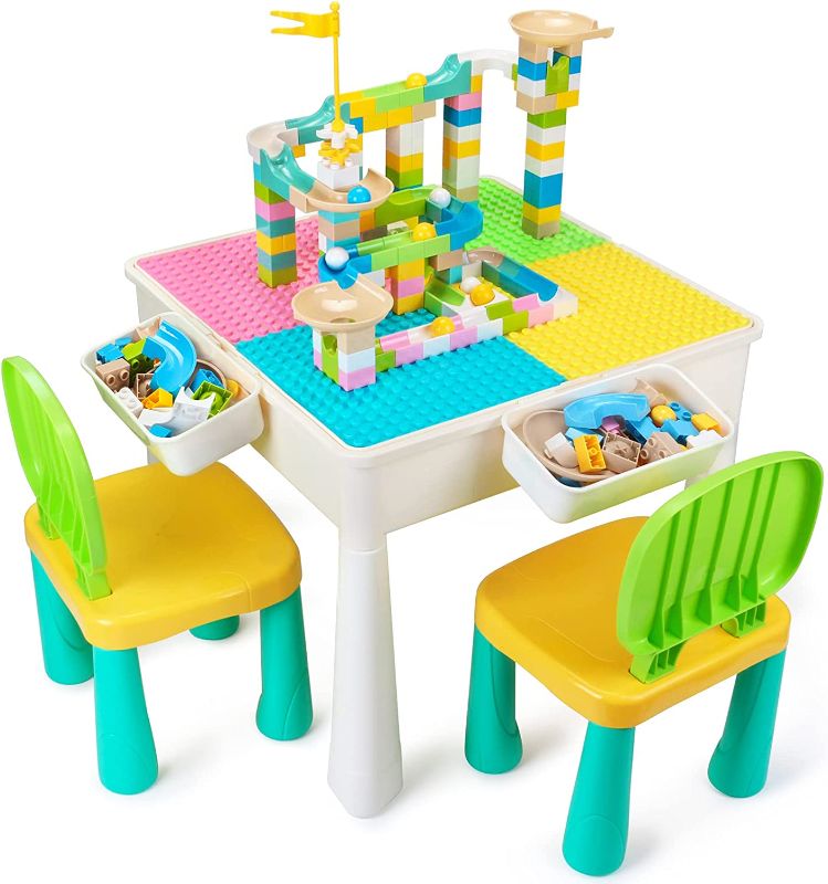 Photo 1 of GobiDex 7 in 1 Multi Kids Activity Table Set with 2 Chairs and 100 Pcs Large Size Blocks Compatible with Classic Blocks.Water Table,Sand Table and Building Blocks Table for Toddlers Activity
