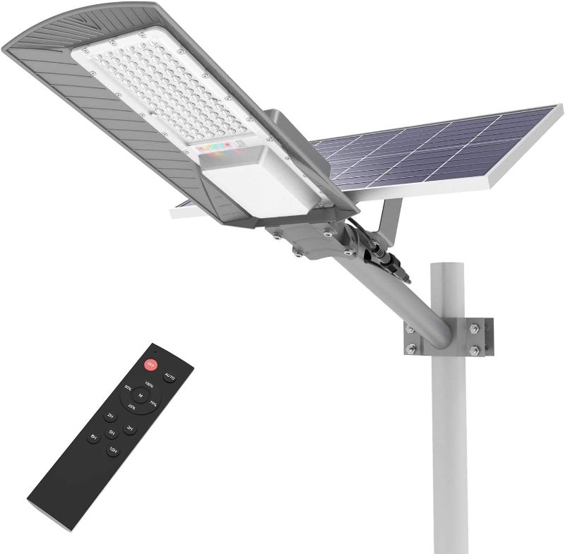 Photo 1 of **MISSING REMOTE**
TENKOO 150W LED Solar Street Light with Remote Control, Light Control, IP65 Dusk to Dawn Outdoor Security Flood Lights for Yard, Garden, Street, Basketball Court (with Arm Pole)
