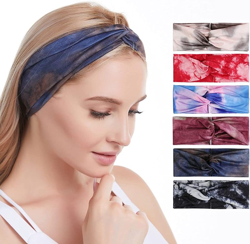 Photo 2 of 2 Pack Bundle 6 Pieces of Women's Twisted Wide Headband Elastic Thick Yoga Workout Headband Running Sports Non-Slip Sweat Headband
