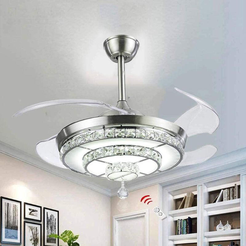 Photo 1 of Crystal Ceiling Fan with Light and Remote,Chandelier Fan with 4 Retractable Blades,3 Light Change LED Indoor Ceiling Fans for Bedroom Living room 36W 42 inch (Sliver)
