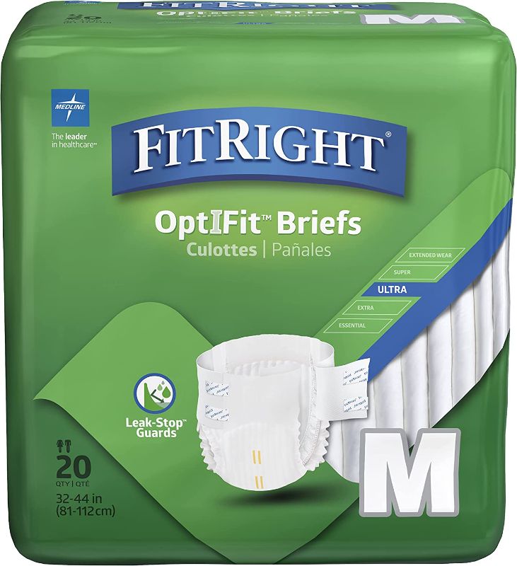 Photo 1 of FitRight Ultra Adult Diapers, Disposable Incontinence Briefs with Tabs, Heavy Absorbency, Medium, 32"-42", 4 packs of 20 (80 total)
