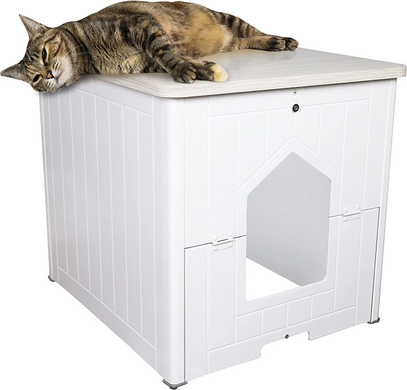 Photo 1 of Palram Pets CATSHIRE Cat Litter Box Enclosure, Litter Box Furniture Hidden, Functional Pet House Side Table, Nightstand, Enclosed Kitty Litter Loo Washroom with Magnetic Door Latch, White
