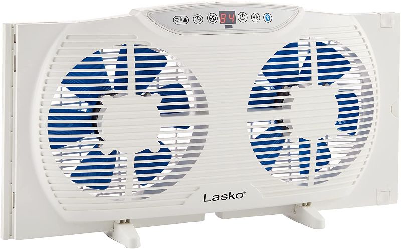 Photo 1 of Lasko W09560 Bluetooth Enabled Twin 9-Inch Window Fan with Independent Electrically Reversible Intake & Exhaust Motors with Thermostat and Timer for Bedroom Indoor Home Use, White
