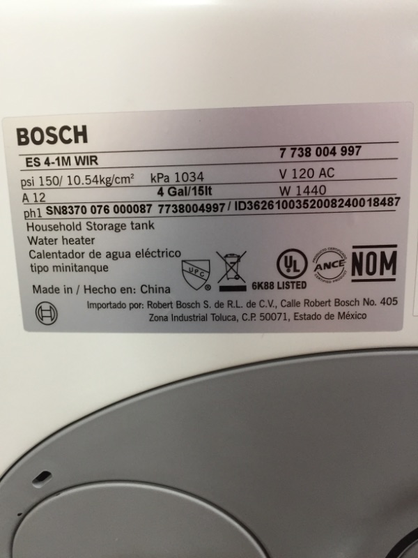 Photo 4 of Bosch Electric Mini-Tank Water Heater Tronic 3000 T 4-Gallon (ES4) - Eliminate Time for Hot Water - Shelf, Wall or Floor Mounted
