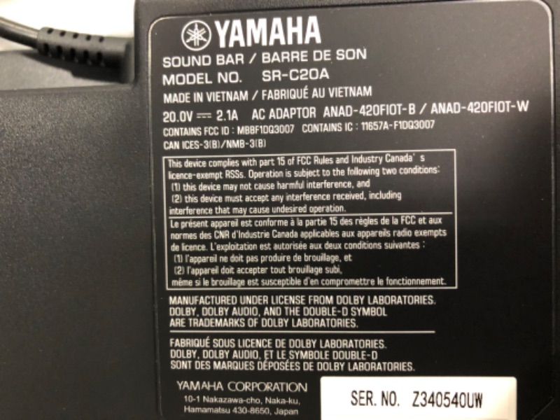 Photo 1 of YAMAHA SR-C20A Compact Sound Bar with Built-in Subwoofer and Bluetooth
