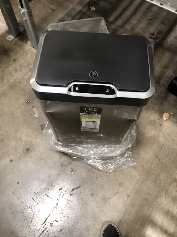 Photo 2 of **HAS DENT**

EKO Mirage-T 50 Liter / 13.2 Gallon Touchless Rectangular Motion Sensor Trash Can, Brushed Stainless Steel Finish
