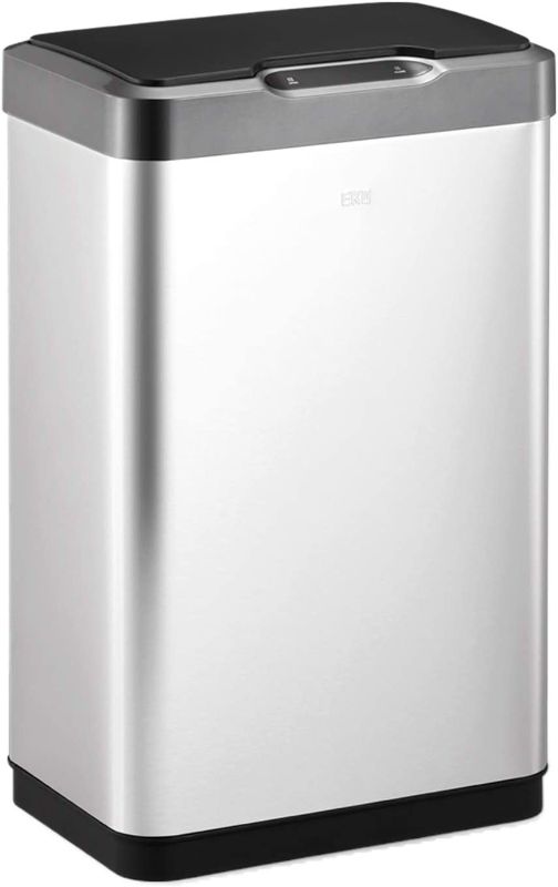 Photo 1 of **HAS DENT**

EKO Mirage-T 50 Liter / 13.2 Gallon Touchless Rectangular Motion Sensor Trash Can, Brushed Stainless Steel Finish
