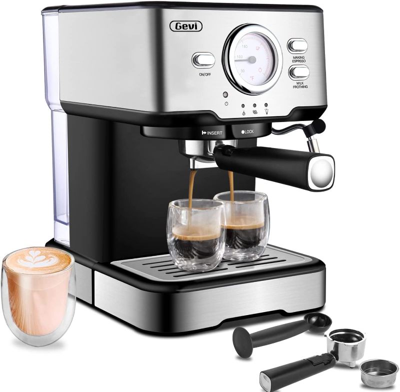 Photo 1 of Gevi 15 Bar Espresso Machine, Professional Espresso Coffee Maker with Milk Frother for Espresso, Latte, Machiato and Cappuccino, 1.5L Removable Water Tank, Black, 1100W
