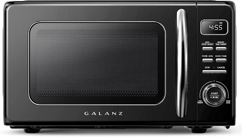 Photo 1 of Galanz GLCMKZ09BKR09 Retro Countertop Microwave Oven with Auto Cook & Reheat, Defrost, Quick Start Functions, Easy Clean with Glass Turntable, Pull Handle, 0.9 cu ft, Black
