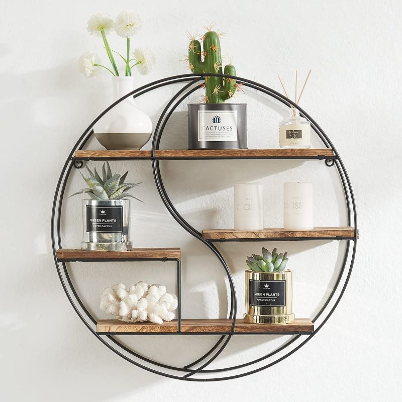 Photo 1 of ***MISSING WOOD SHELVES*** TFER Black Floating Shelves Wall Mounted Hanging Shelves Rustic Wooden Shelves for Bedroom, Bathroom, Living Room, Kitchen, Office| Round Metal Reclaimed Wood Shelf for Wall Décor Storage and Display (MISSING WOODEN SHELVES)
